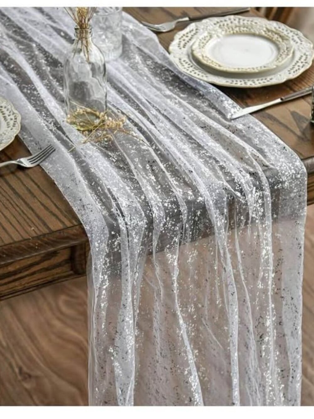 3PCS White Silver Gauze Table Runner 70 x 300 cm